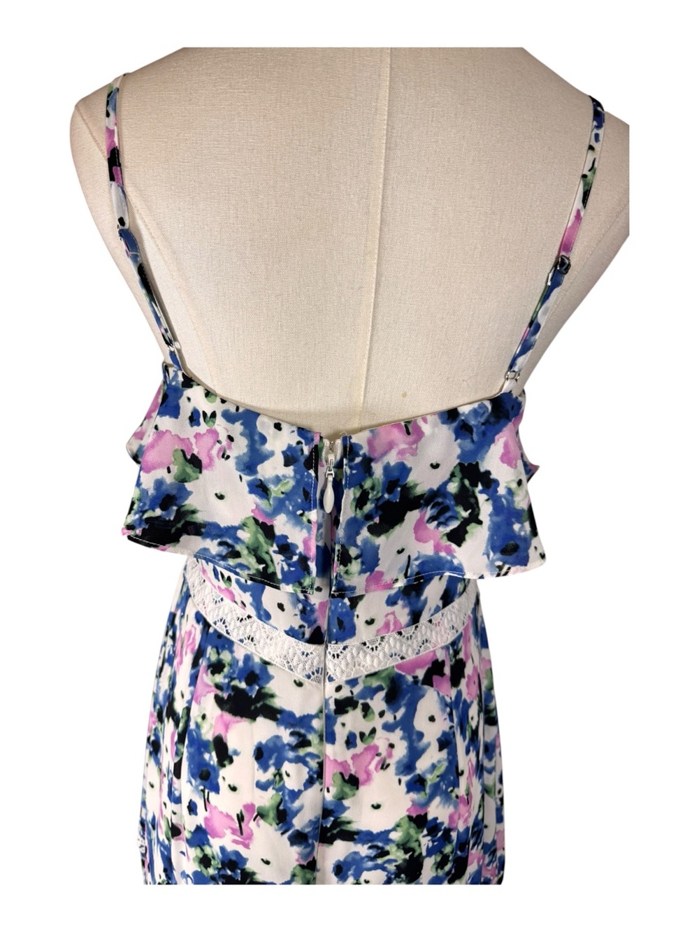 BCBGMAXAZRIA Blue Pink Floral Ruffle Cami Midi Dress Size 8 NWOT - Picture 5 of 8